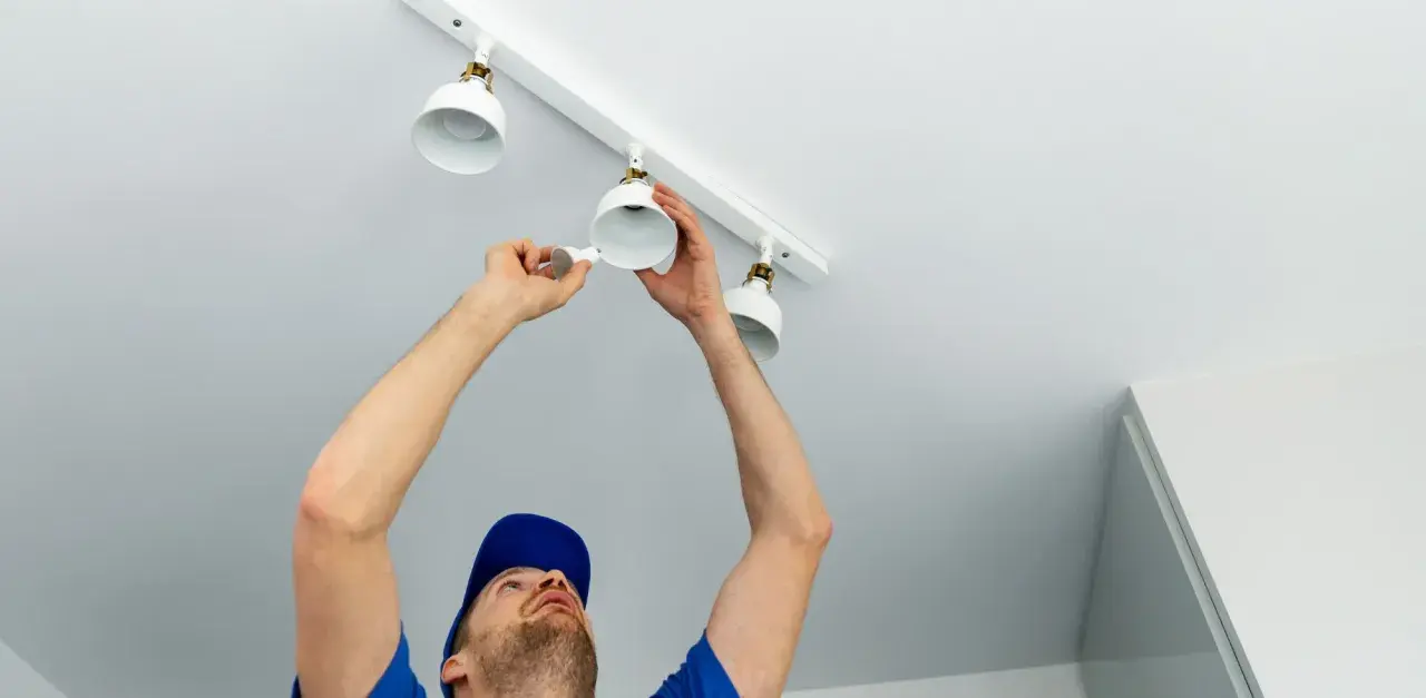 Un homme installe des spots LED sur un rail blanc. Le branchement en série ou parallèle de ces luminaires est en cours.