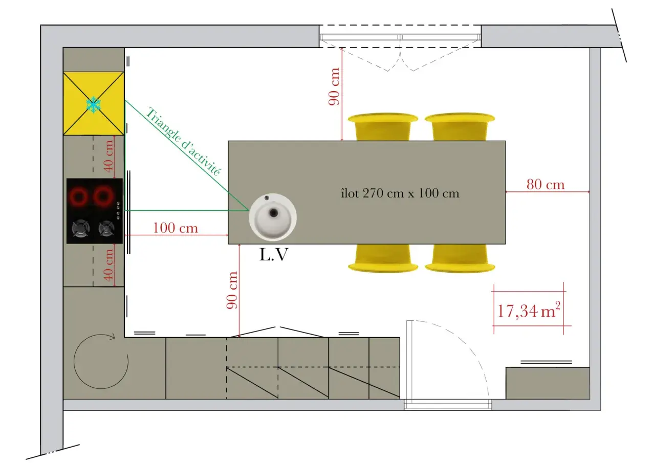 Plan de cuisine avec îlot central, évier, plaque de cuisson et réfrigérateur. L'espace autour de la table est optimisé pour un triangle d'activité fonctionnel.