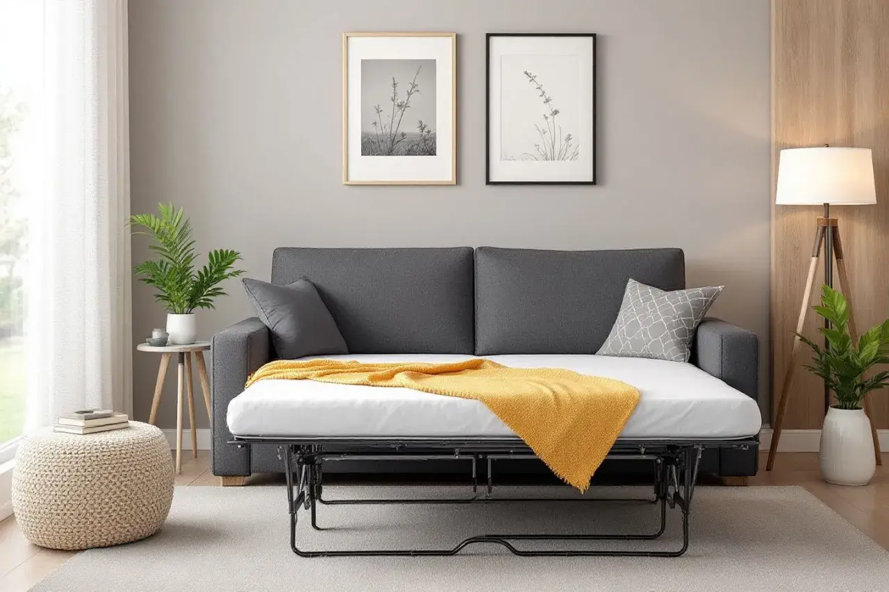 Un canapé-lit gris transformé en lit, prêt à accueillir des invités. Une couverture jaune apporte une touche de chaleur à cette chambre.