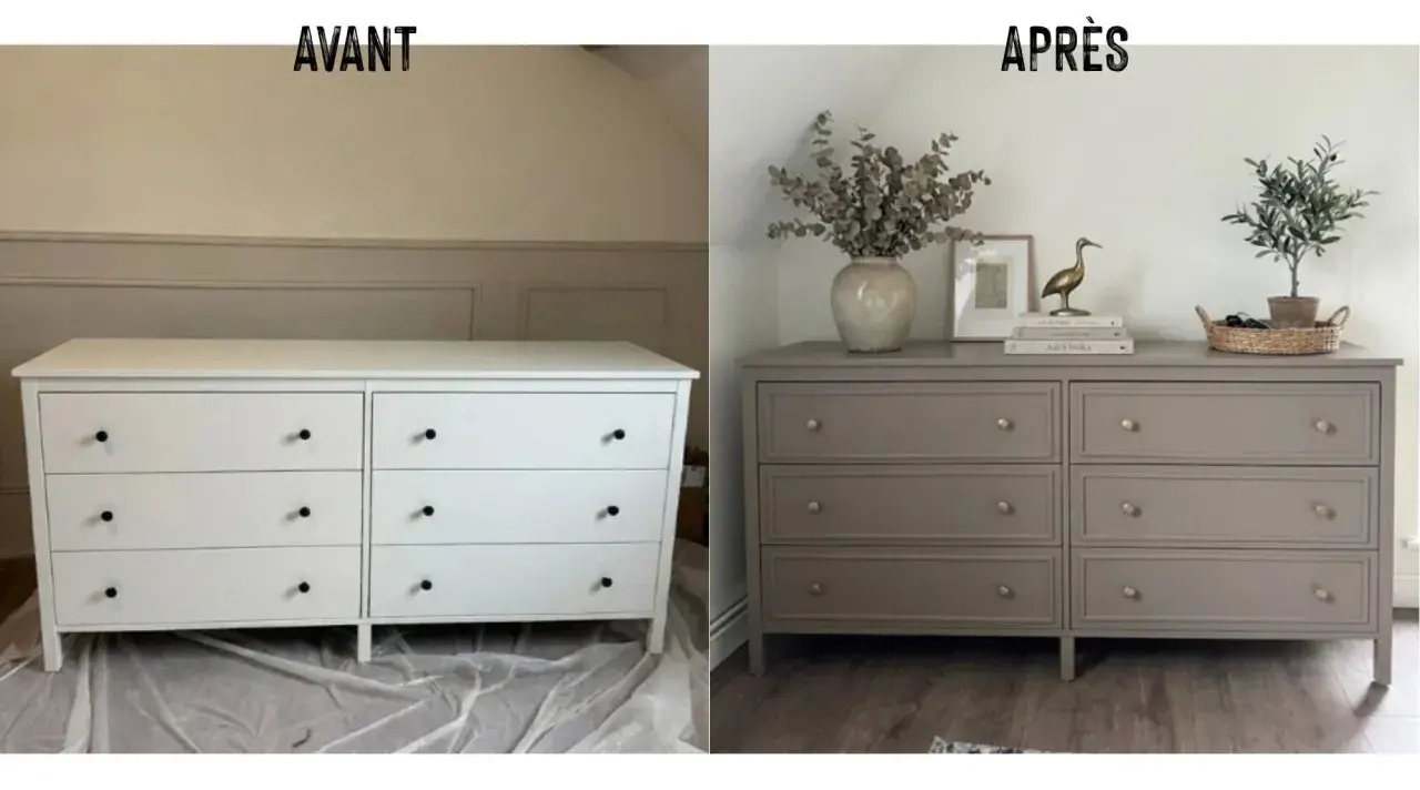 Avant/après : un relooking meuble réussi. La commode blanche devient taupe, plus chic et décorée.