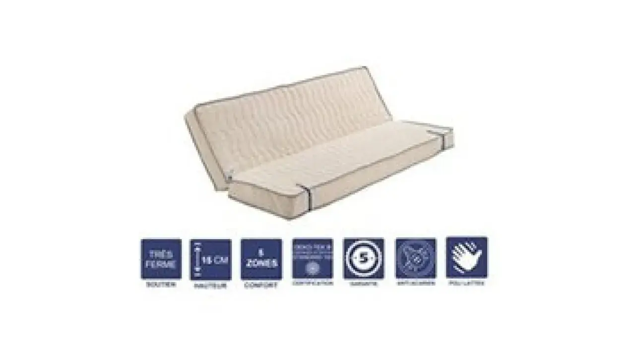 Matelas clic clac beige, très ferme, 18 cm d'épaisseur, 5 zones de confort. L'attache matelas clic clac maintient les deux parties ensemble.