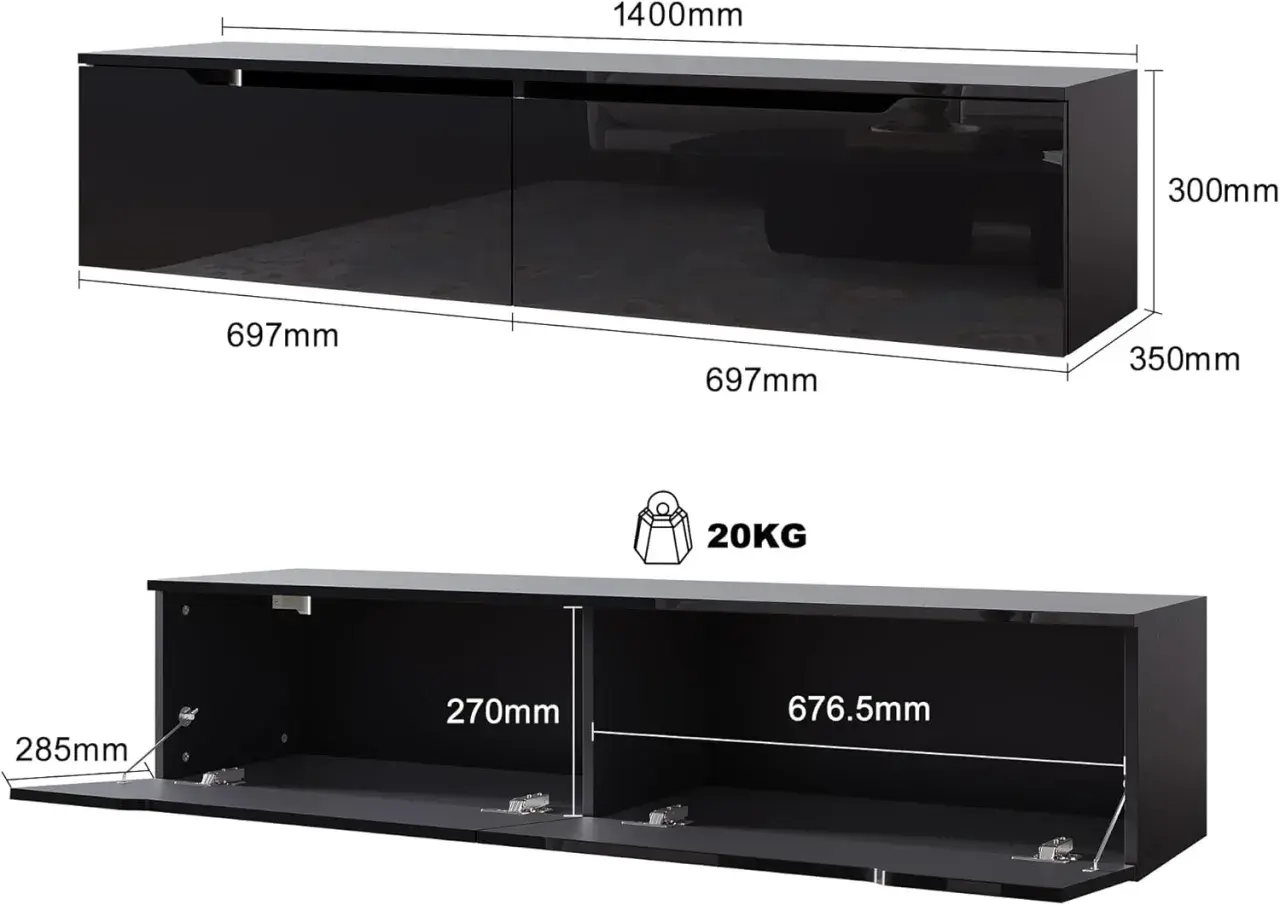 Meuble TV noir brillant, 140cm de long. Idéal pour choisir quelle taille de TV choisir pour un salon. Poids max 20kg.