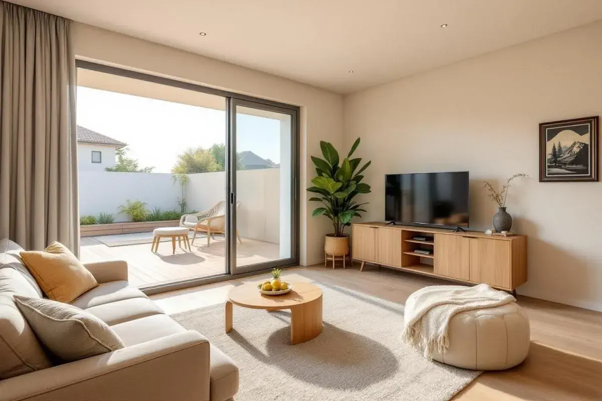 Aménager salon avec 2 baies vitrées pour un espace lumineux. Canapé, table basse, meuble TV en bois, pouf et plante verte créent une ambiance chaleureuse.