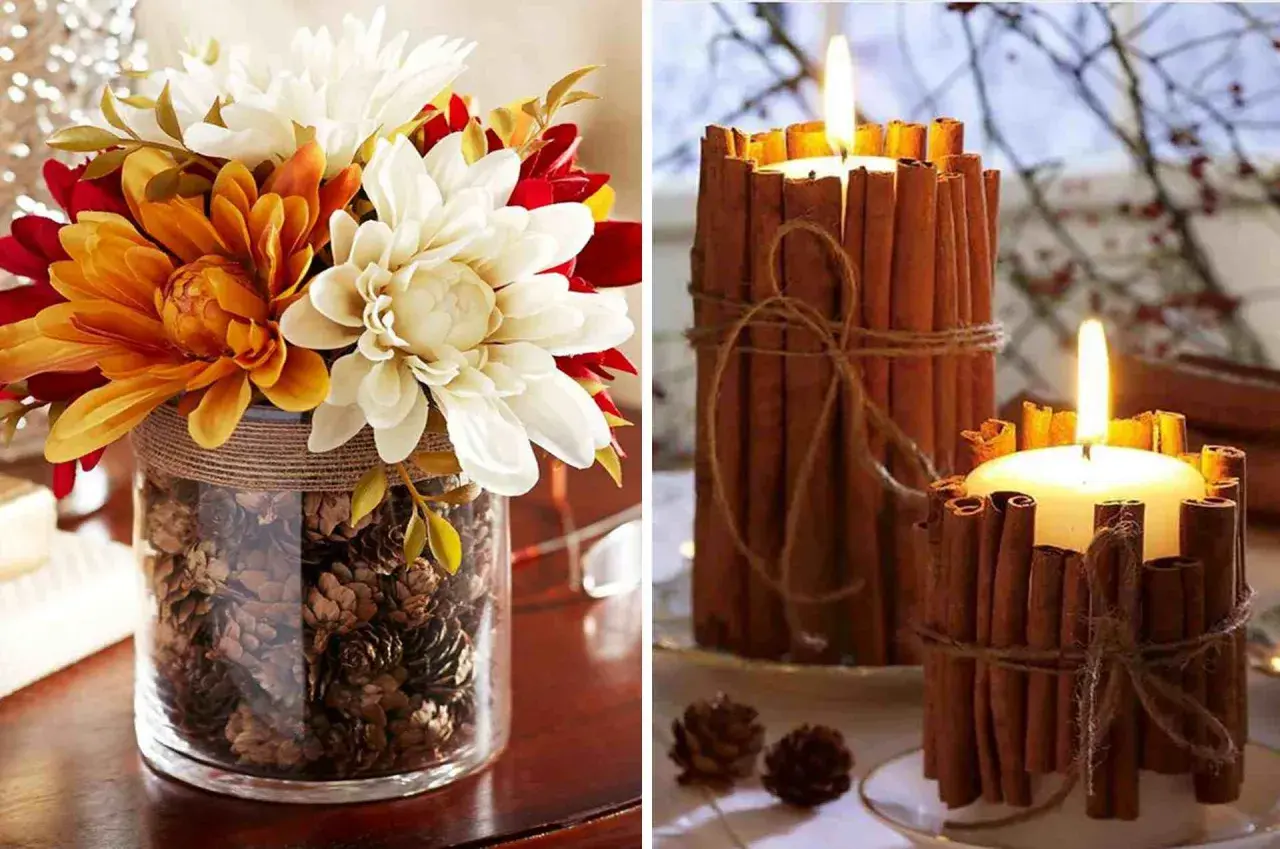 Bouquet d'automne dans un vase rempli de pommes de pin, et bougies décorées de bâtons de cannelle. Idées de deco automne a faire soi meme.