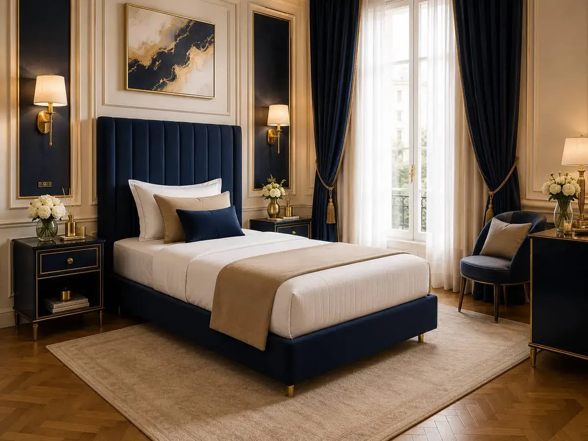 Chambre luxueuse avec lit bleu marine, idéal pour une personne. La largeur matelas 1 place est parfaite pour ce couchage élégant.