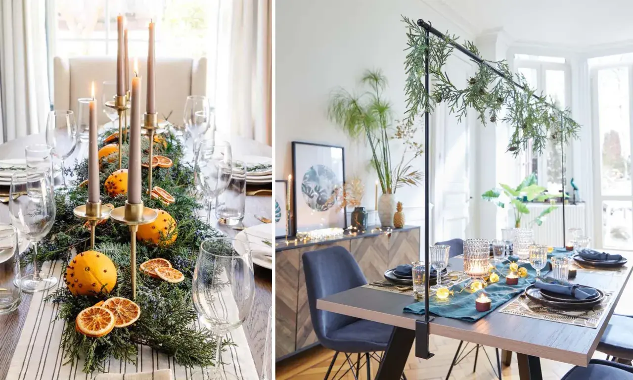 Ambiance festive : deux tables dressées avec des centres de table naturels, bougies et oranges, pour une tendance déco centre de table salle à manger chaleureuse.