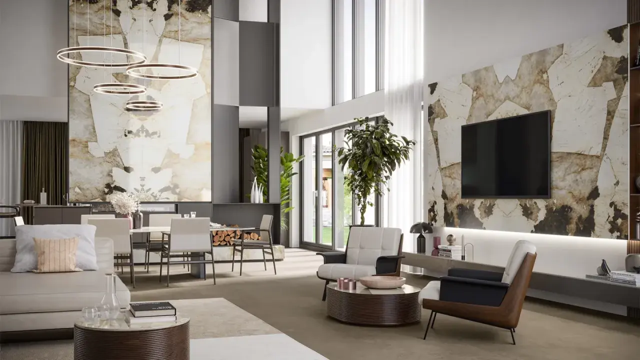 Un salon moderne avec une grande etagere sejour, un canapé, des fauteuils, une table basse et une télévision murale.