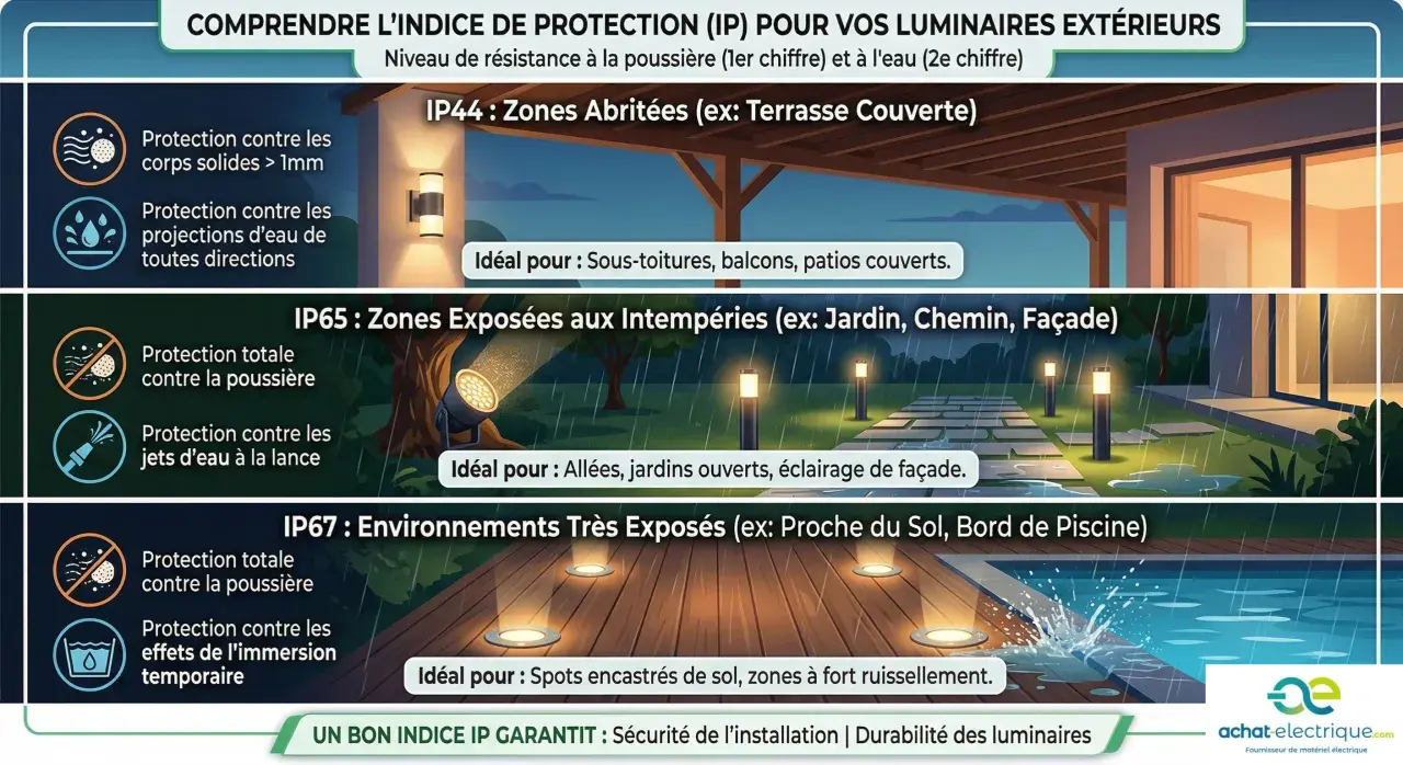 Guide des normes d'éclairage extérieur : IP44 pour zones abritées, IP65 pour intempéries, IP67 pour environnements très exposés.
