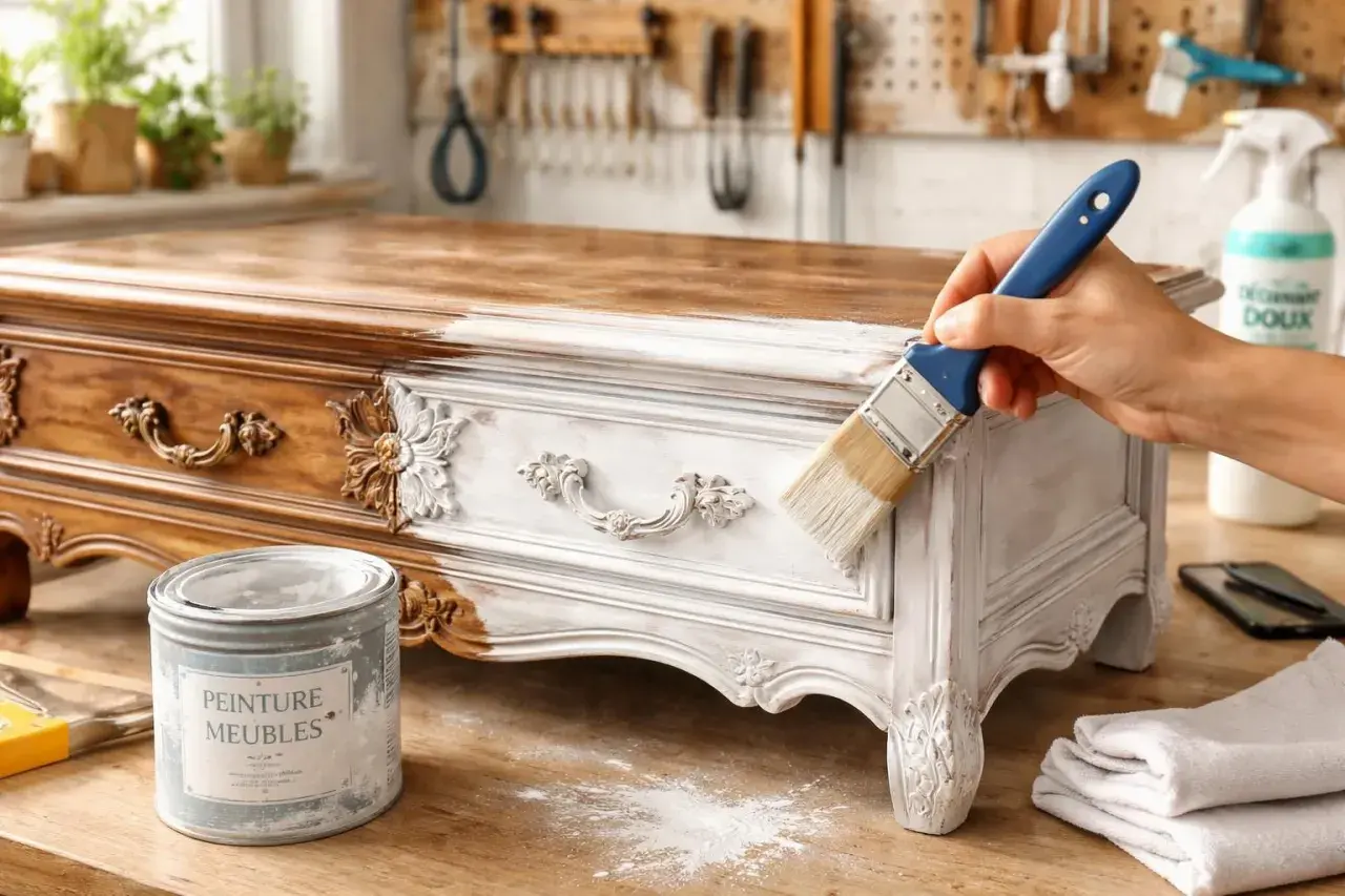 Application de peinture blanche sur un meuble ancien, laissant apparaître le bois brut par endroits. Le poncer et le laisser brut pour un style shabby chic.