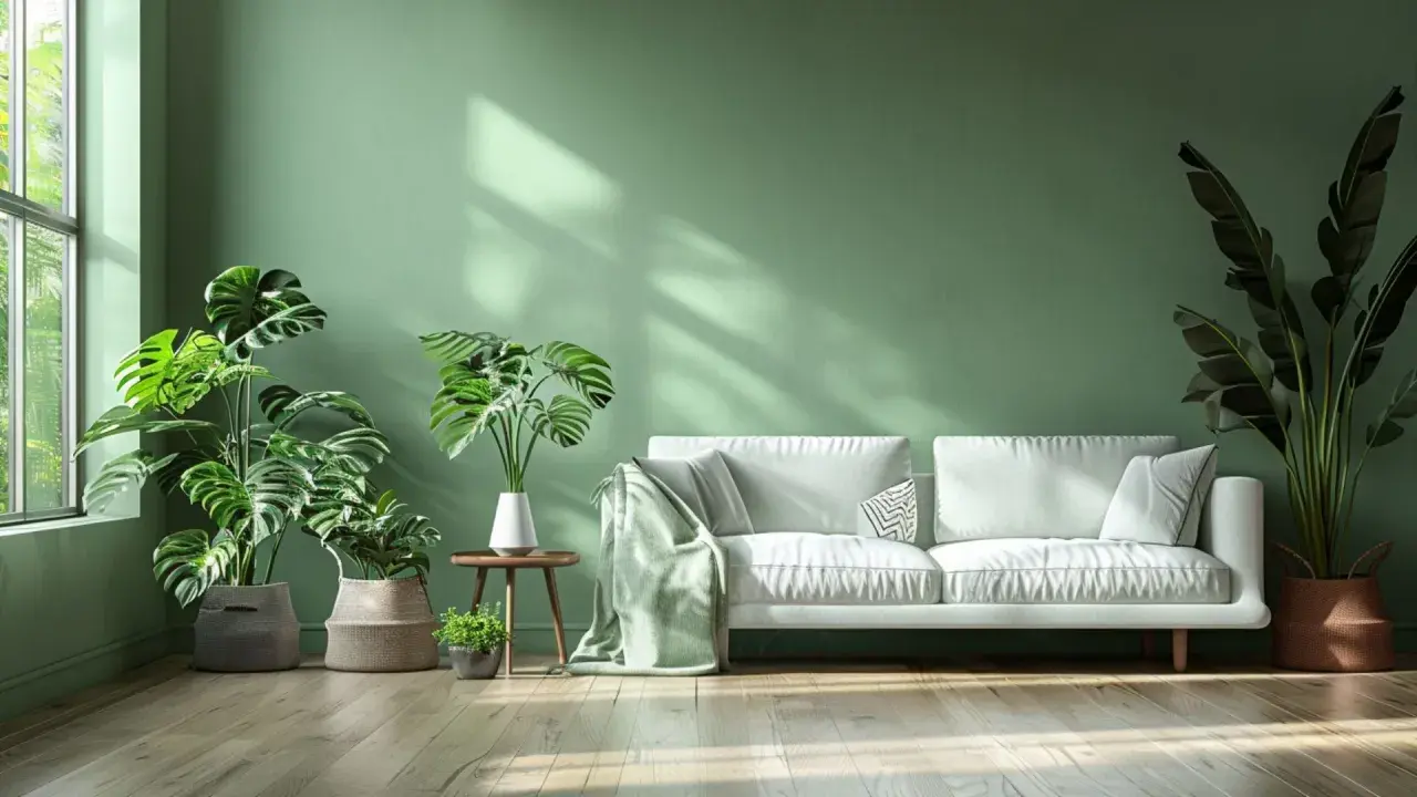 Un salon moderne aux murs peints sans solvant, avec un canapé blanc, des plantes luxuriantes et un sol en bois clair.