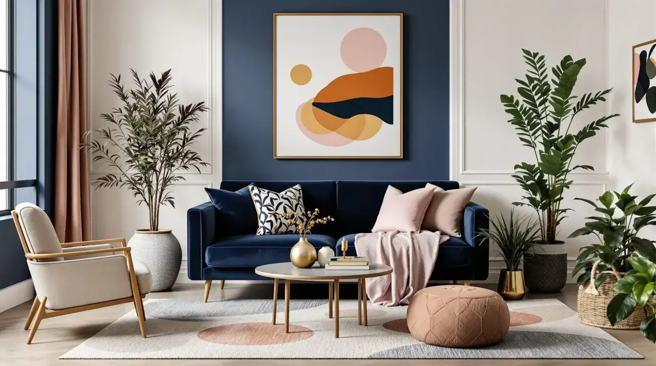 Salon moderne avec canapé velours bleu foncé, fauteuil beige, table basse ronde, plantes vertes et tableau abstrait.