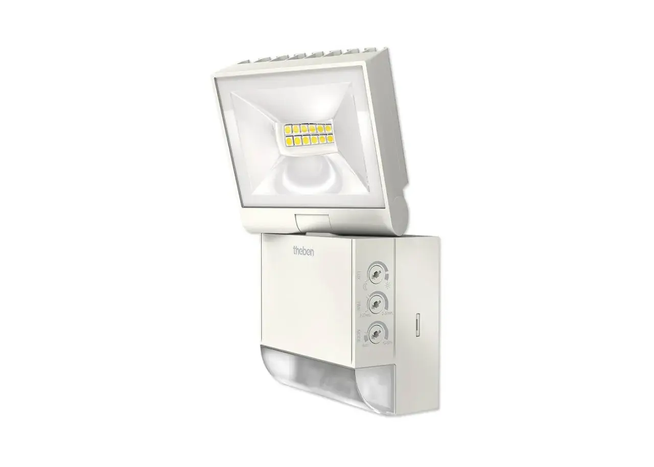 Projecteur LED extérieur Theben avec interrupteur réglable pour la luminosité, la durée et le mode.