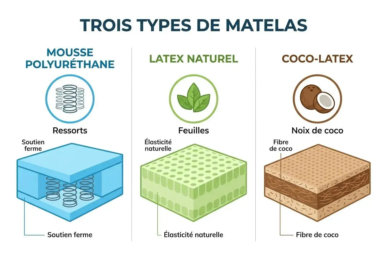 Illustration comparant trois types de matelas : mousse polyuréthane à ressorts, latex naturel à feuilles, et coco-latex à fibre de coco.