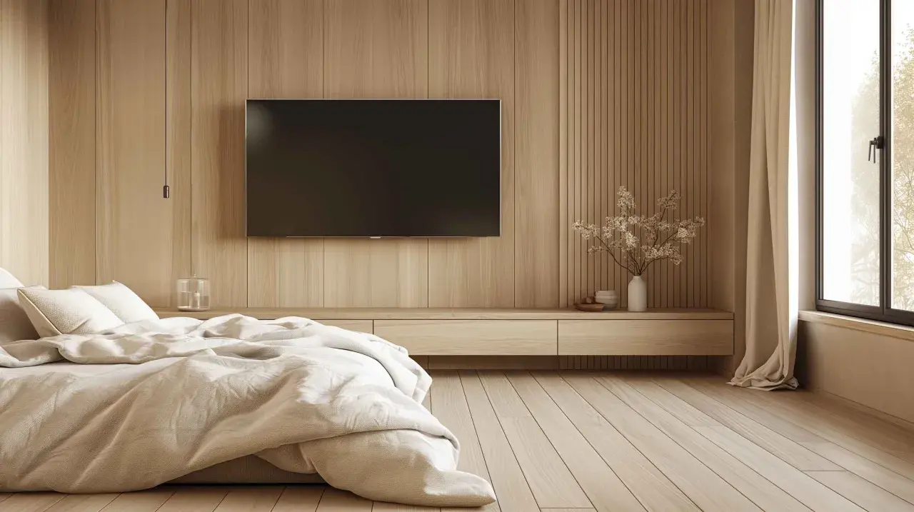 Lit douillet dans une chambre aux murs en bois. La hauteur idéale de la TV dans la chambre est respectée, juste au-dessus d'un meuble bas.
