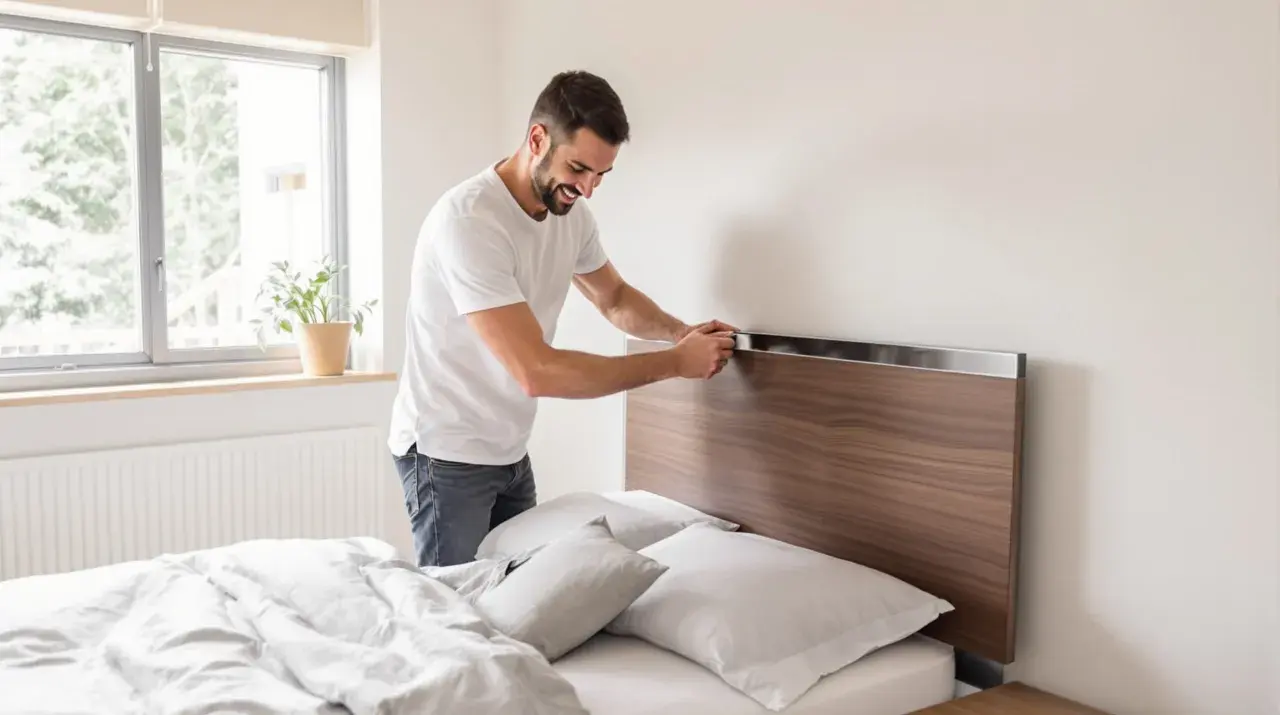 Un homme installe une tête de lit sans mur, en bois et métal, sur un lit blanc avec des draps gris.