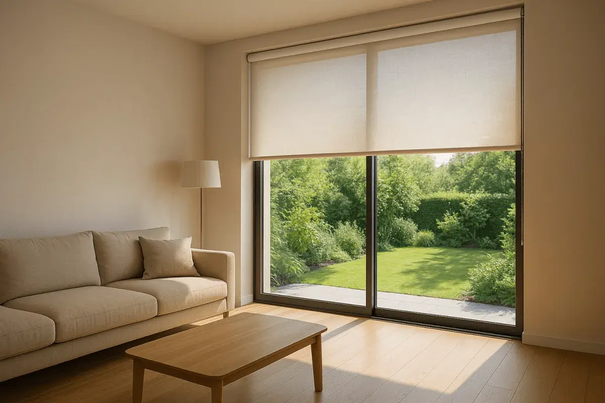 Comment habiller une baie vitrée : des stores enrouleurs discrets filtrent la lumière du soleil sur un jardin verdoyant.