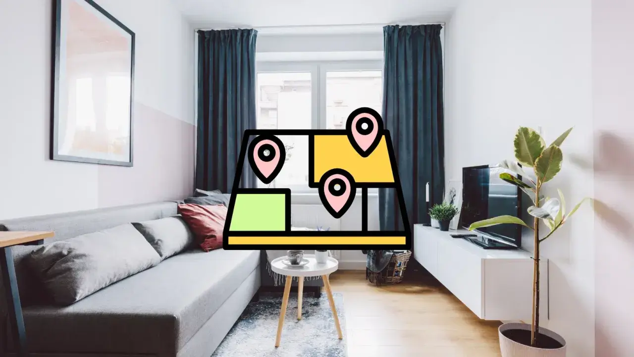Un salon moderne avec un canapé gris, une table basse et une plante. Une carte stylisée avec des repères suggère un projet de home staging sans vente.