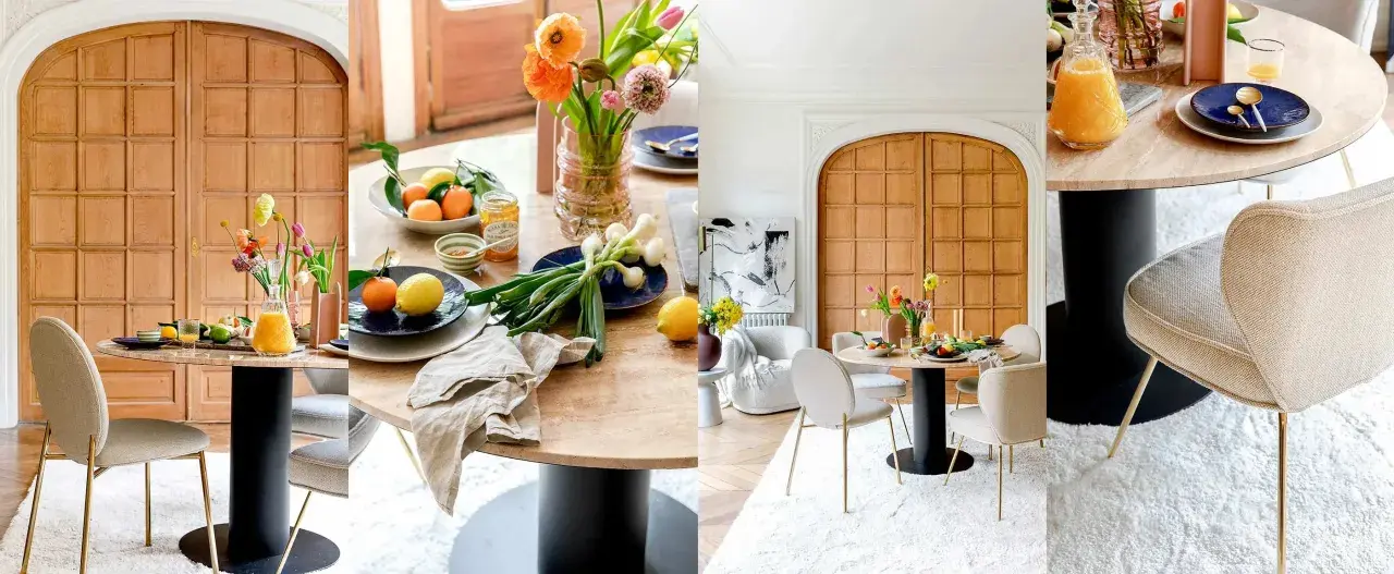Comment assortir des chaises à une table : des chaises élégantes en tissu beige avec des pieds dorés s'harmonisent parfaitement avec une table ronde en marbre clair.