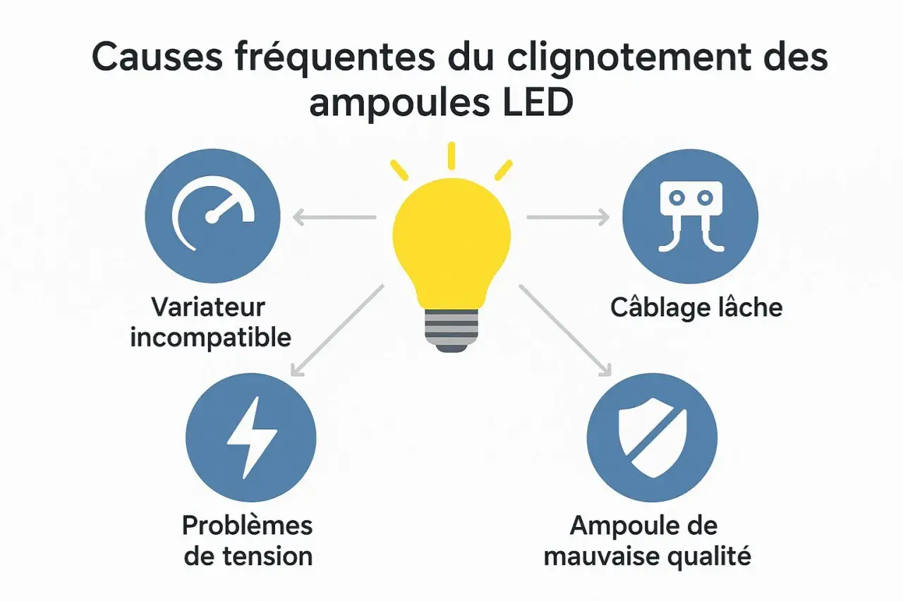 Causes de clignotement des ampoules LED : variateur incompatible, câblage lâche, problèmes de tension, ampoule de mauvaise qualité. Pour réparer lampe LED qui clignote, vérifiez ces points.