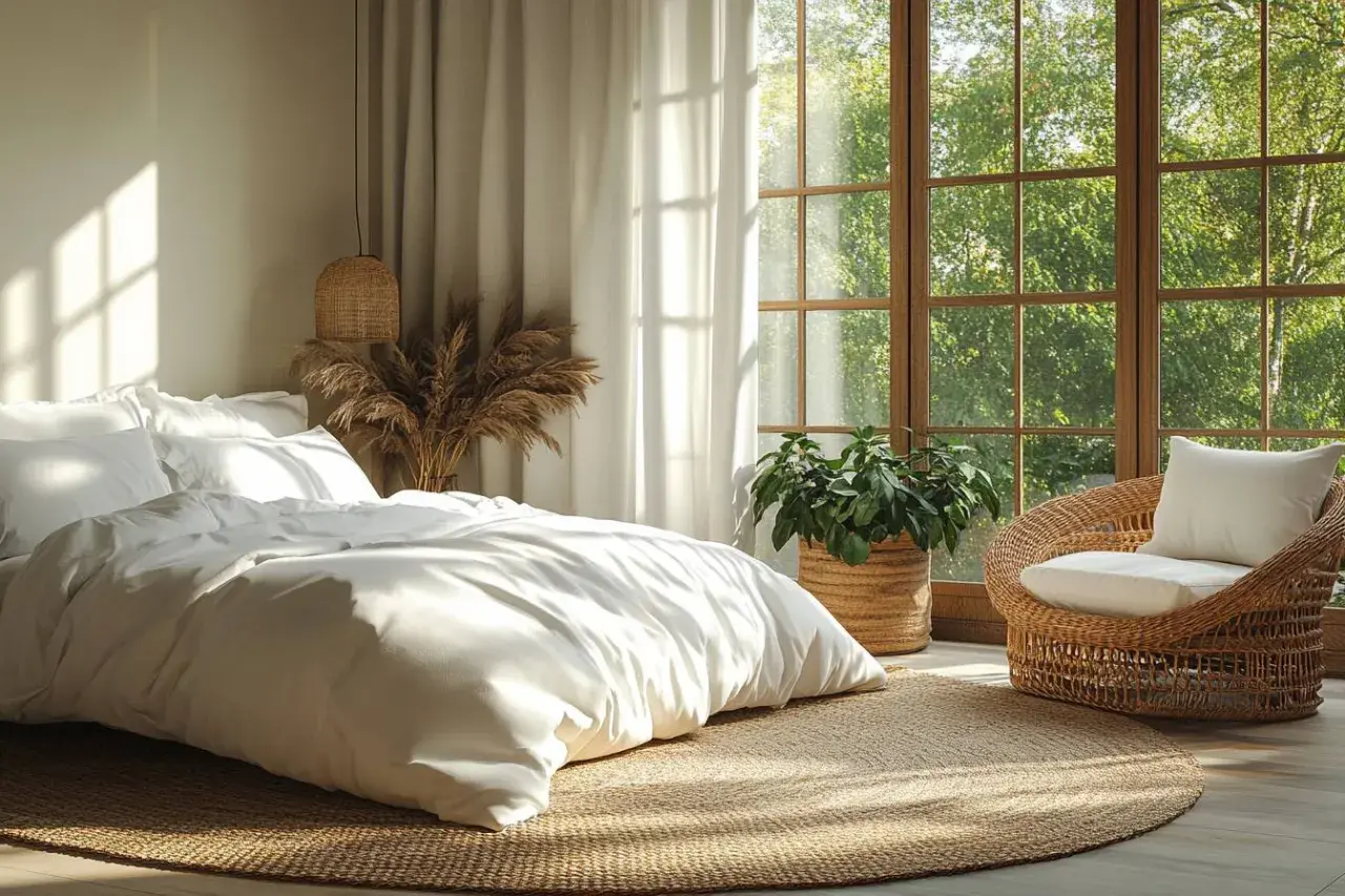 Chambre scandinave déco cocooning. Un lit blanc immaculé, un fauteuil en rotin, une plante verte et des herbes de pampa sous une grande fenêtre lumineuse.