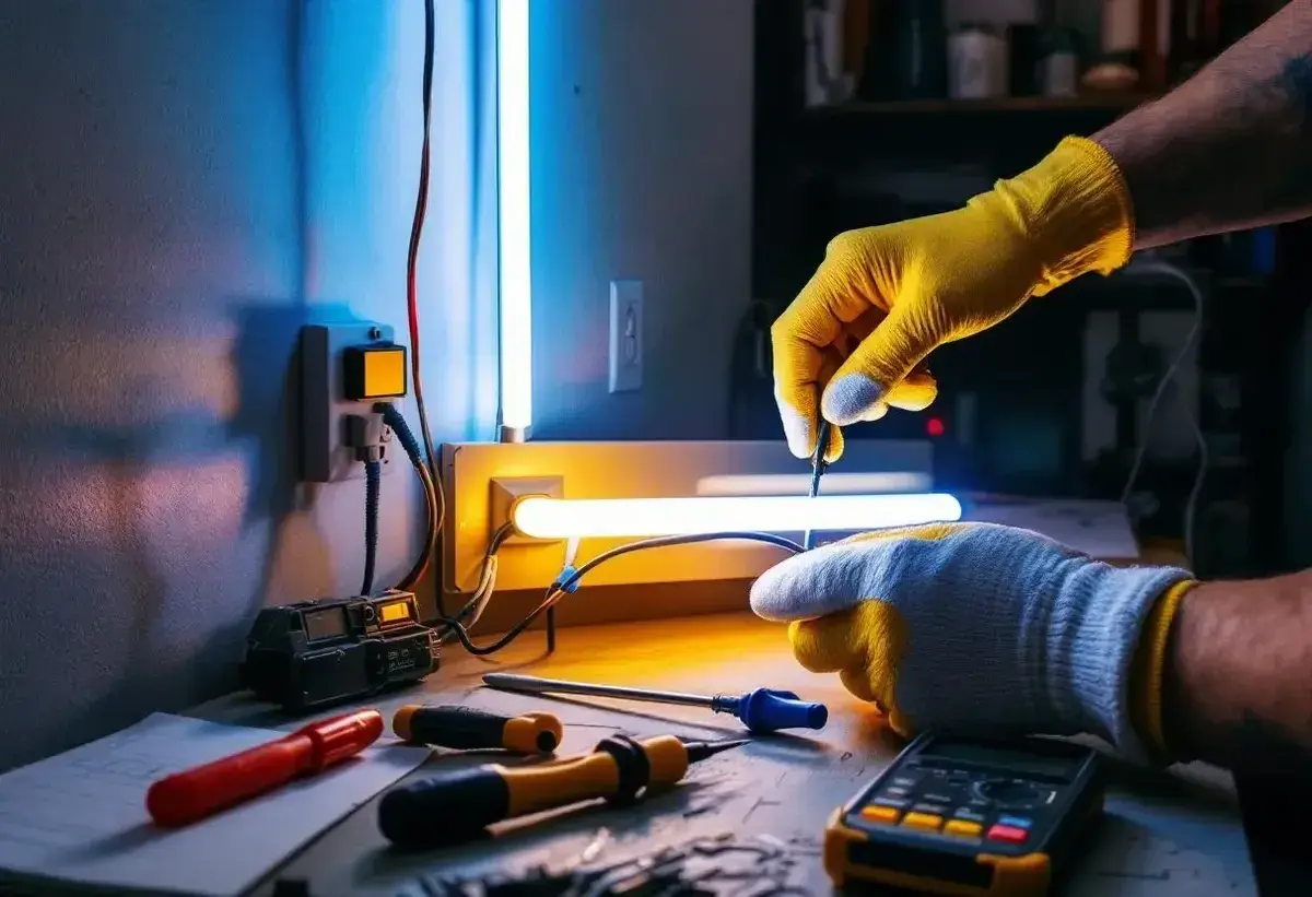 Mains électriques pour un branchement néon LED. Des mains gantées travaillent sur un circuit, outils et multimètre à proximité.