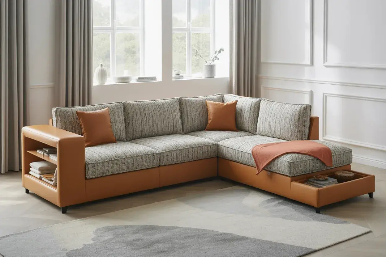 Canapé d'angle moderne en tissu gris et cuir cognac, avec rangements intégrés. Idéal pour optimiser l'espace et le confort.