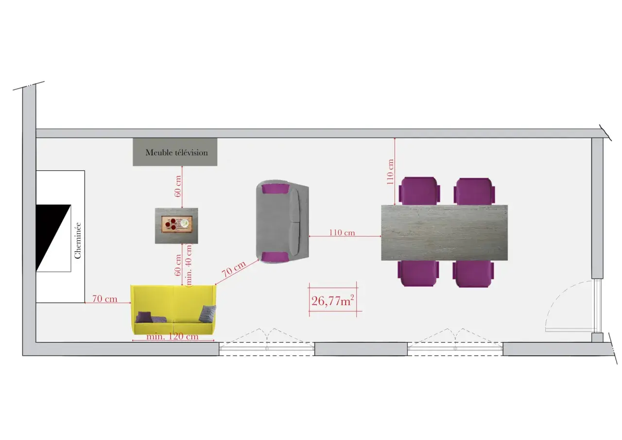Plan d'une pièce avec canapé jaune, table de télévision, et table à manger. La distance entre table et mur est de 110 cm.
