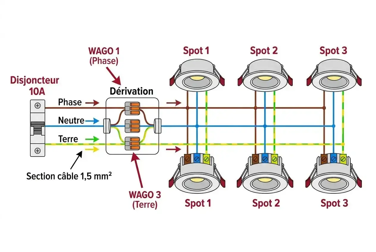 Schéma de câblage pour spots de plafond : disjoncteur 10A, dérivation avec connecteurs WAGO, et trois spots connectés en parallèle.