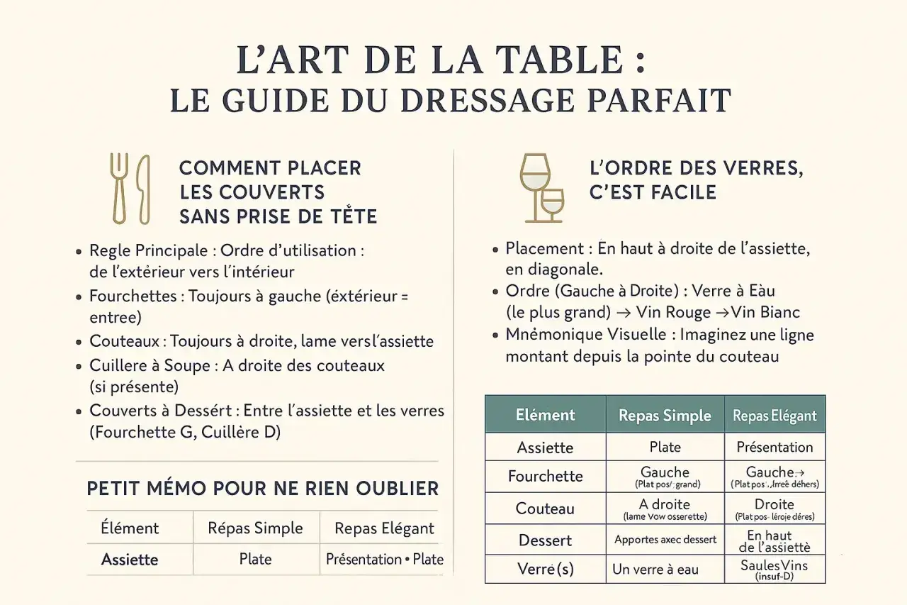 Guide pour la mise en place des couverts et verres sur une table. Conseils pour un dressage parfait.