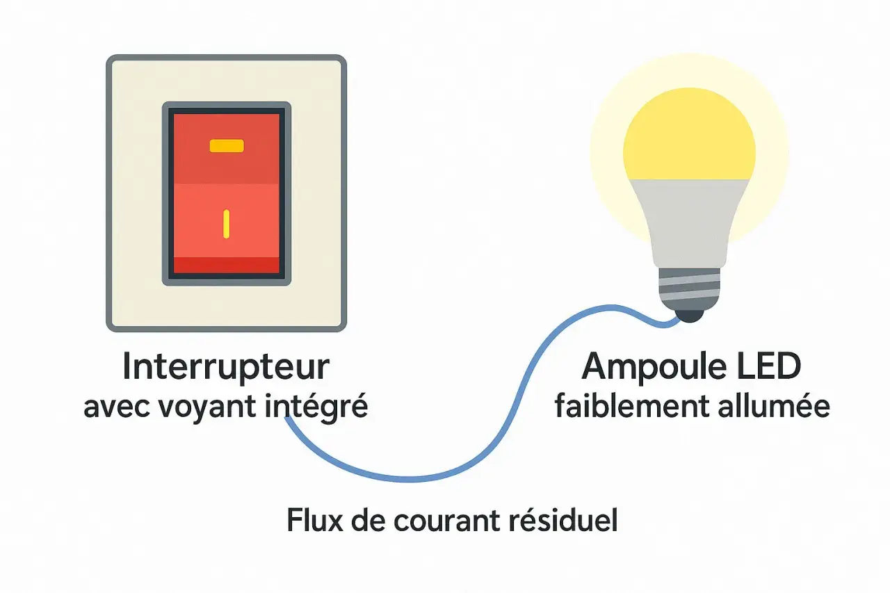 Interrupteur avec voyant intégré et ampoule LED faiblement allumée, expliquant le flux de courant résiduel qui peut faire clignoter un plafonnier LED.