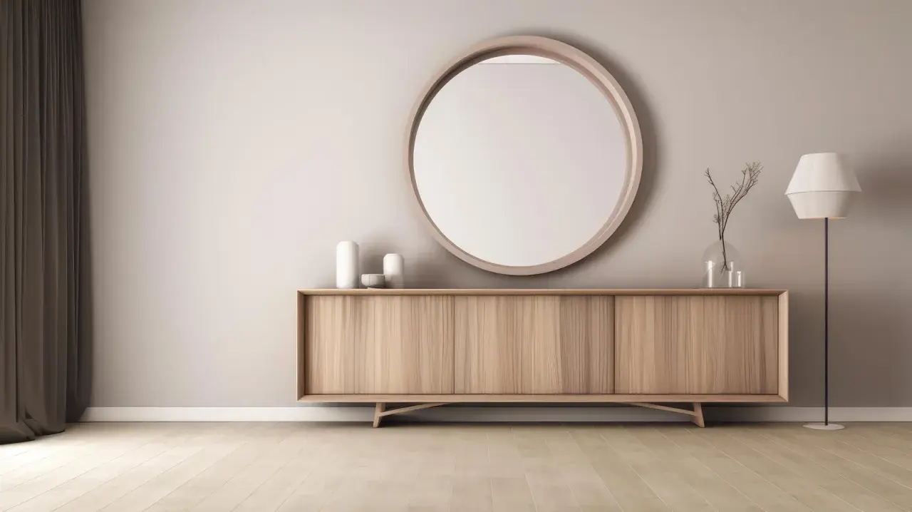 Un miroir rond et des vases minimalistes : des idées pour que mettre au dessus d'un buffet.