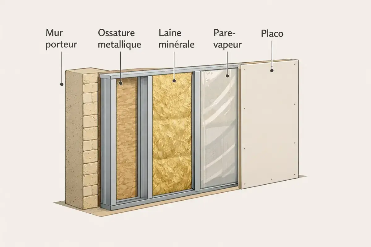 Coupe d'un mur montrant l'isolation intérieure d'un appartement : mur porteur, ossature métallique, laine minérale, pare-vapeur et placoplâtre.
