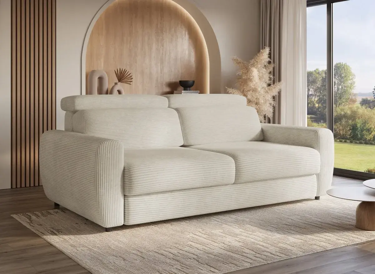 Canapé beige côtelé, ambiance cosy. Parfait pour se détendre et se demander "que veut dire bz" en admirant la vue.