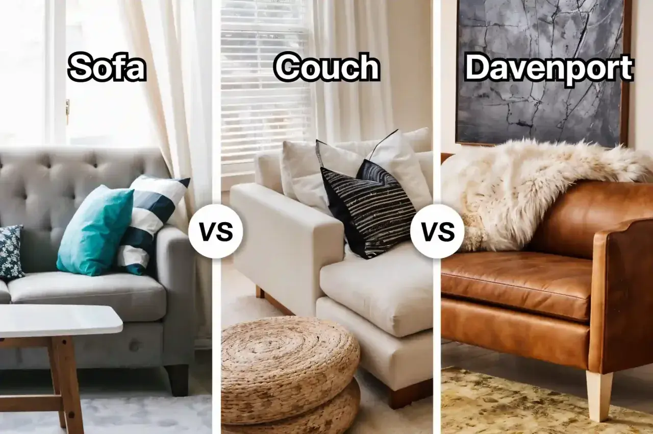 Trois meubles : un divan gris, un canapé blanc et un fauteuil en cuir marron. Quelle est la différence entre divan et canapé ?