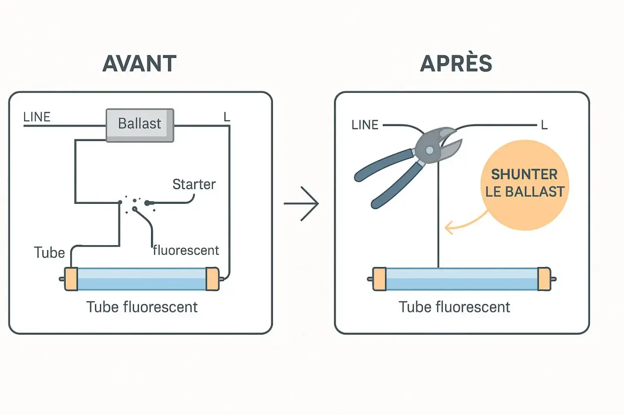 Schéma avant/après pour remplacer un néon par une LED : on coupe le ballast.