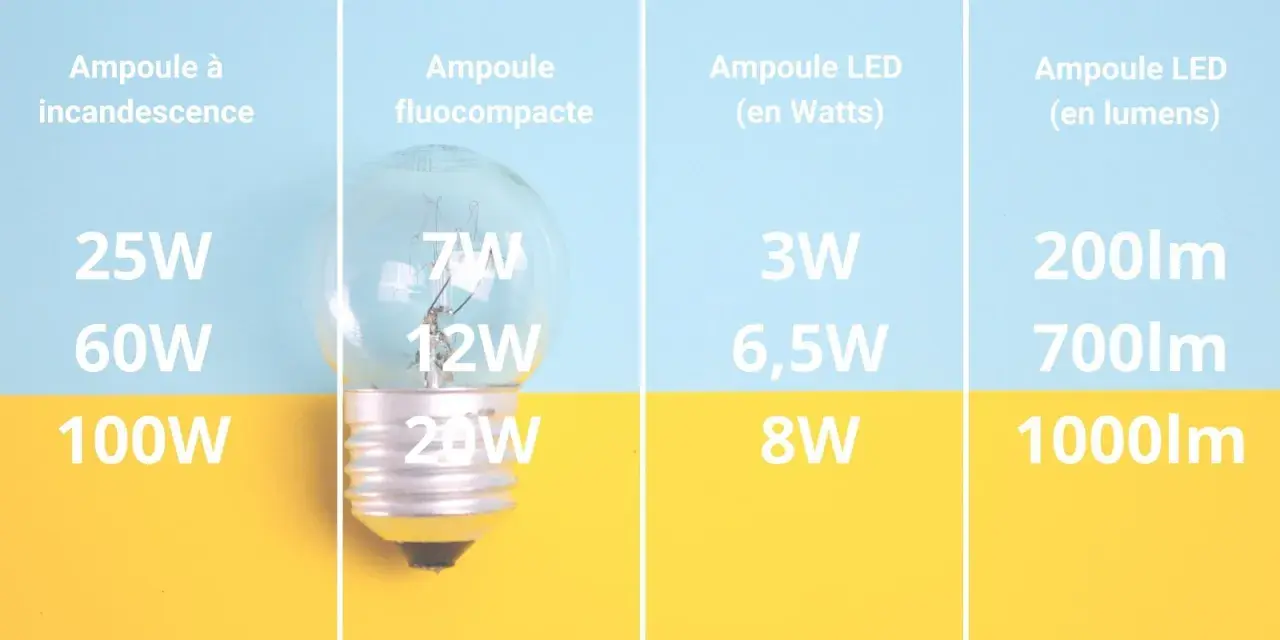Comparaison d'ampoules : incandescence, fluocompacte et LED. La puissance LED en watt est bien inférieure pour un éclairage équivalent.