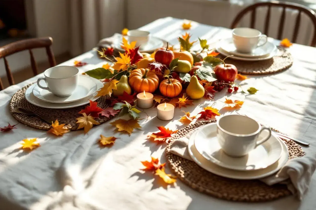 Décoration table automne facile : citrouilles, poires, pommes et feuilles d'automne créent une ambiance chaleureuse. Bougies allumées pour un dîner convivial.
