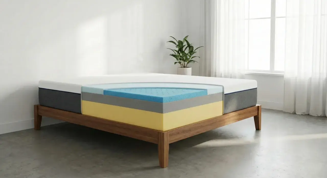 Coupe d'un matelas multicouche sur un sommier en bois. Ce matelas qui ne s'affaisse pas offre un soutien optimal pour un sommeil réparateur.