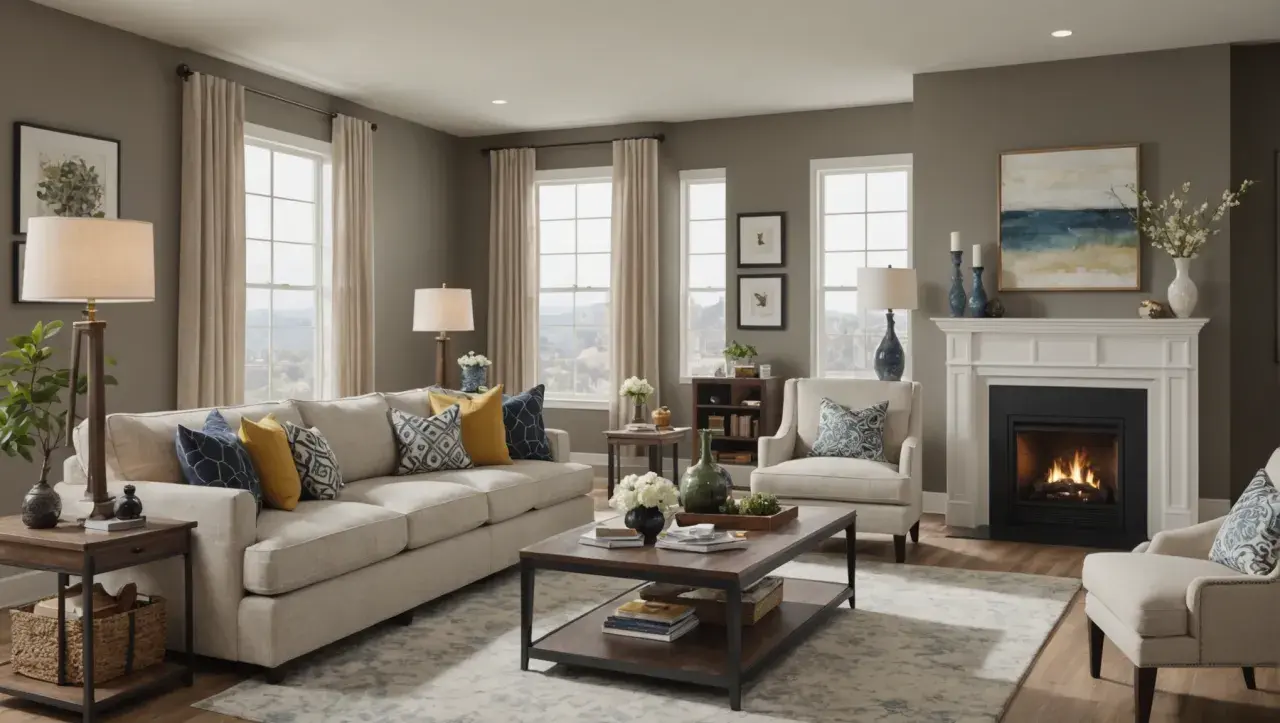 Quel budget pour meubler une maison neuve ? Un salon cosy avec canapé, fauteuils, table basse, cheminée et vue sur la nature.