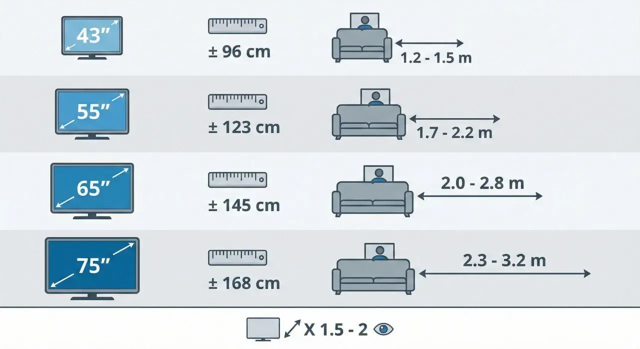 Guide pour la hauteur idéale d'une tv murale : tailles d'écrans (43" à 75") et distances de visionnage recommandées.