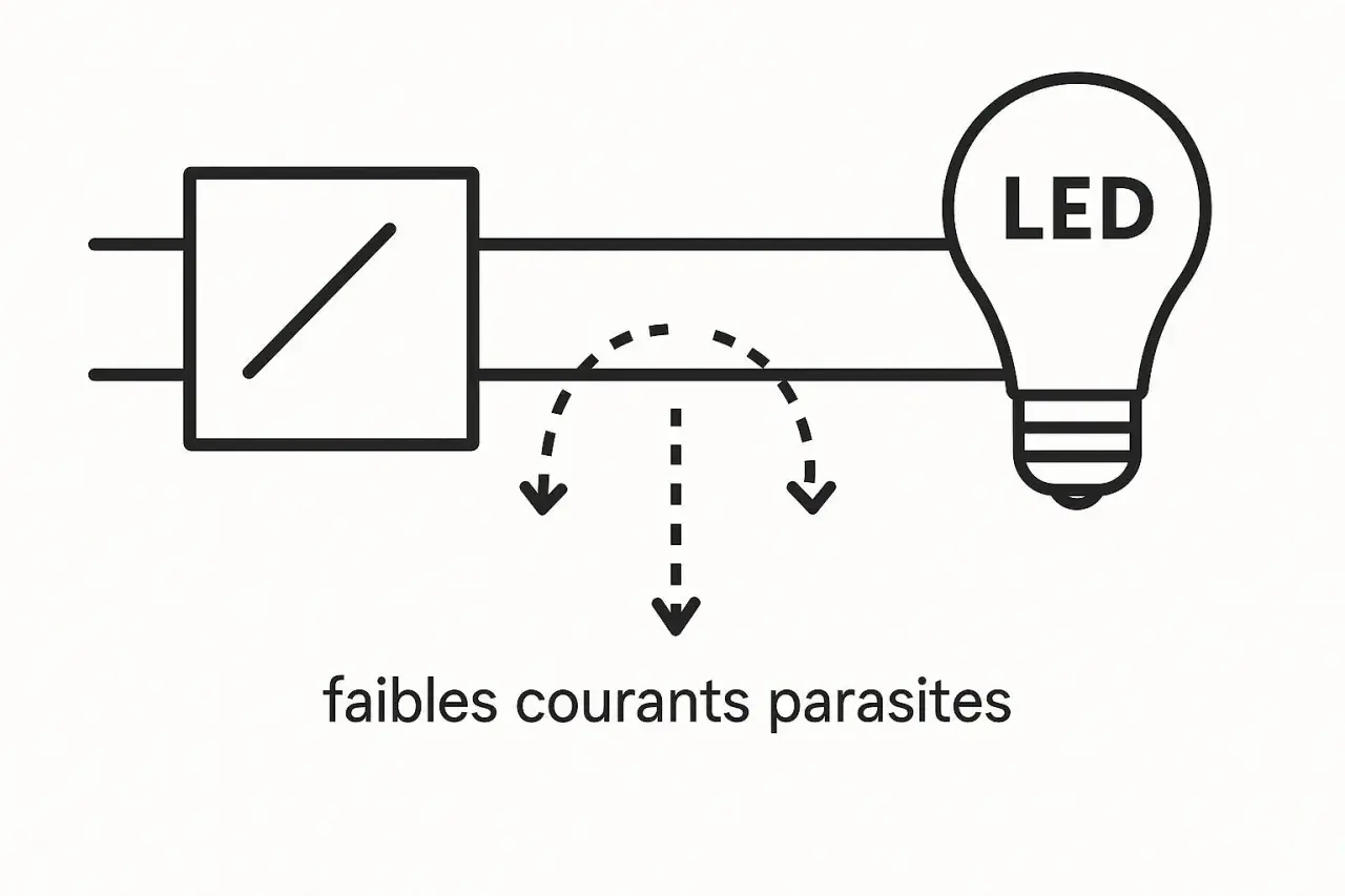 Schéma montrant un circuit avec une ampoule LED. Des flèches indiquent de faibles courants parasites, même hors tension, une solution est nécessaire.