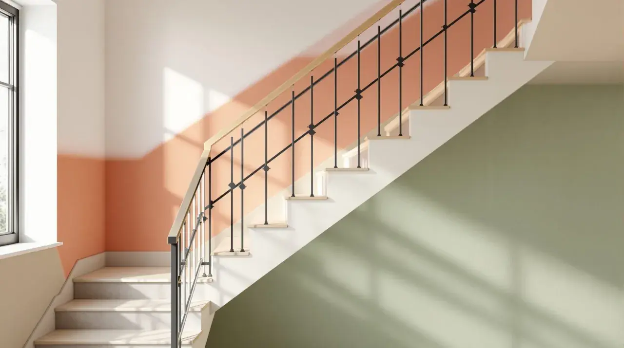 Escalier moderne avec rampe en bois et barreaux noirs. Les murs sont peints en deux tons : pêche et vert sauge, une couleur escalier tendance.