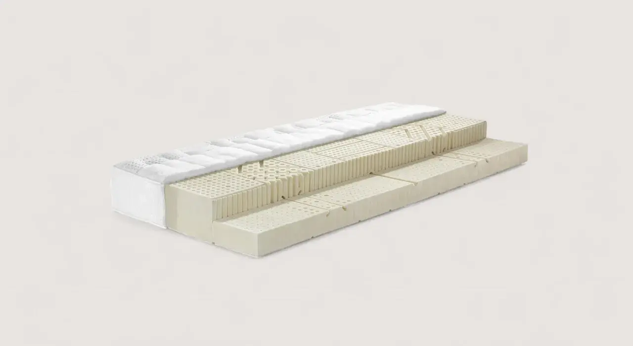 Coupe d'un matelas en latex montrant ses différentes couches. La qualité du latex garantit une longue durée de vie matelas latex.