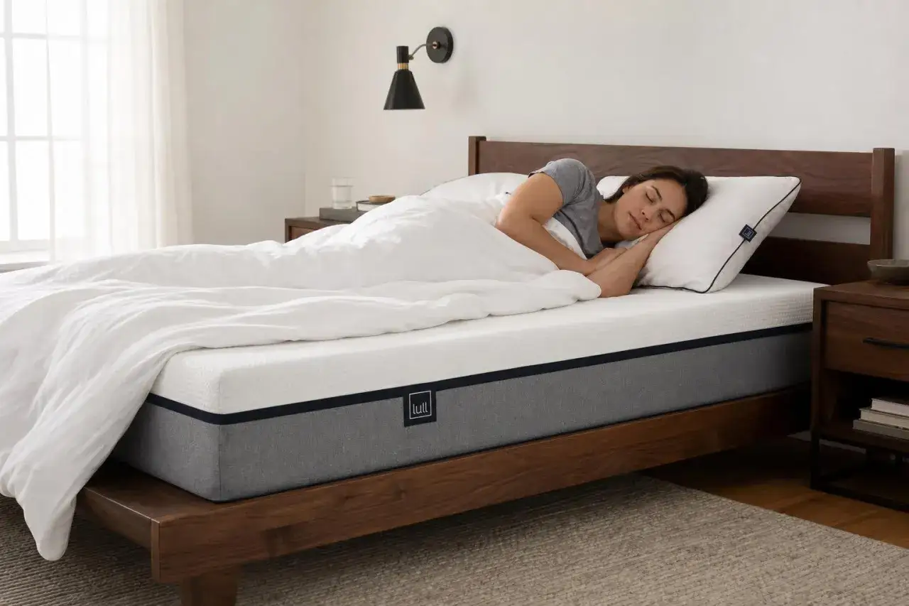 Femme dormant paisiblement sur le côté, sur un matelas confortable. Le matelas idéal pour dormir sur le côté, offrant un soutien optimal.