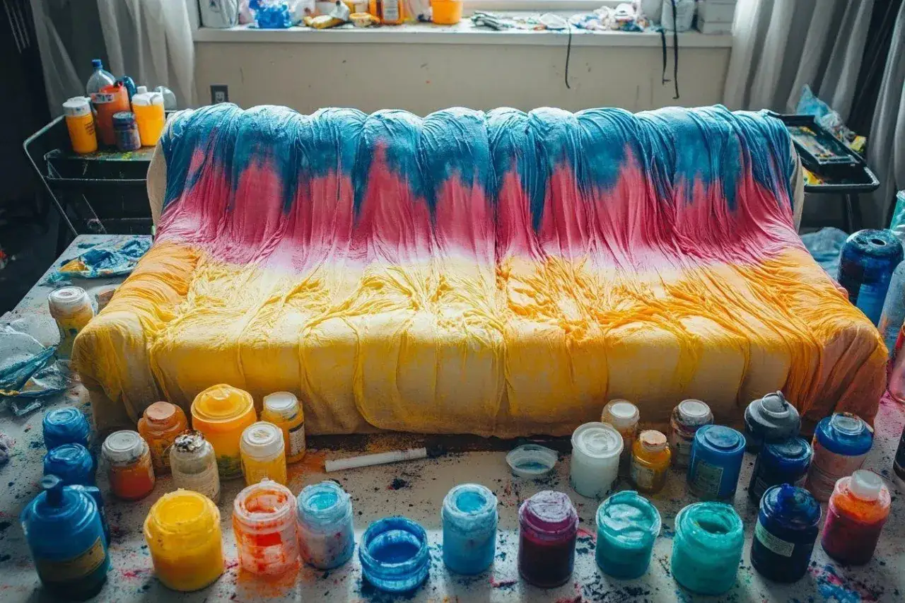 Un canap&eacute; en tissu non d&eacute;houssable est en cours de teinture, transform&eacute; en une &oelig;uvre d'art tie-dye aux couleurs vives.