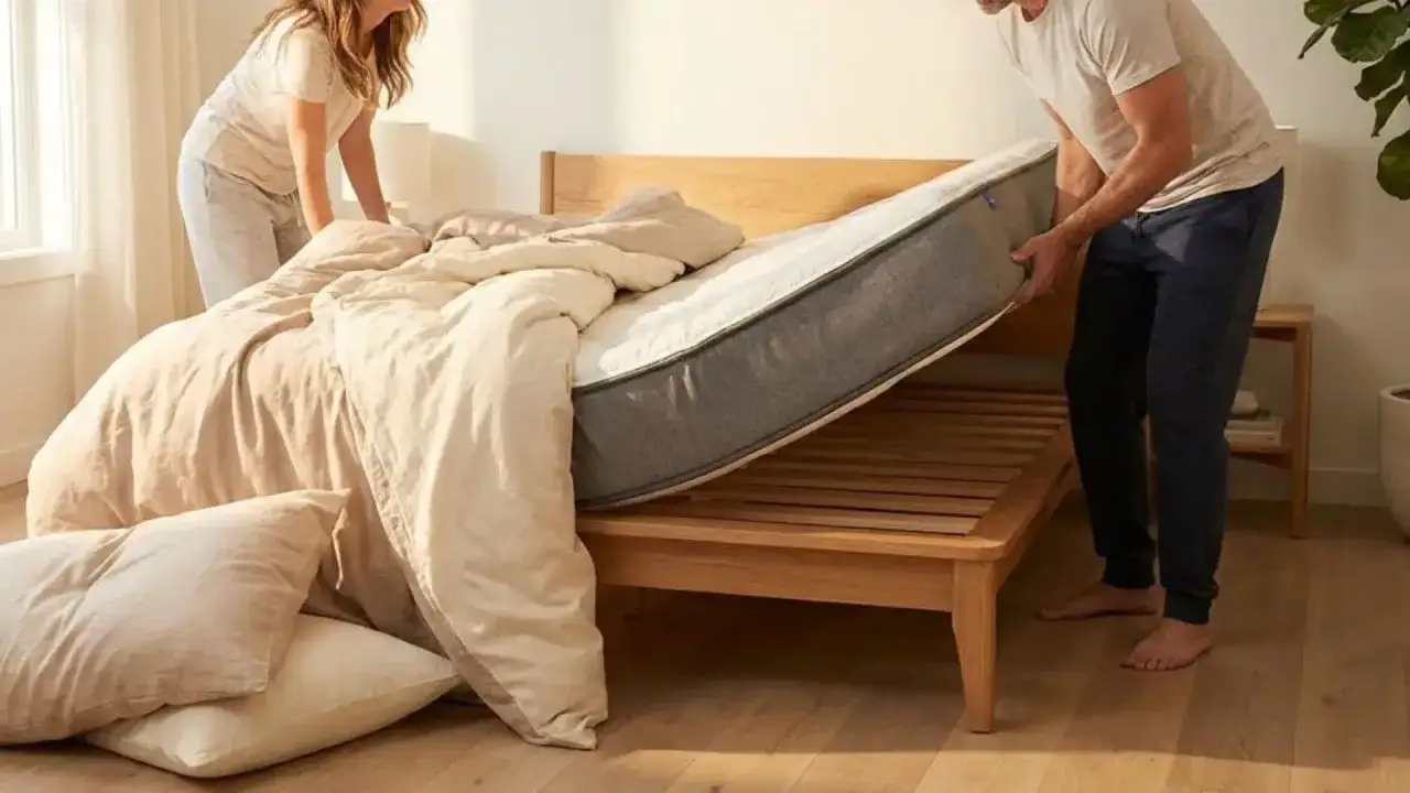 Un couple s'entraide pour retourner un matelas sur un lit en bois. Leurs draps beiges sont en désordre.