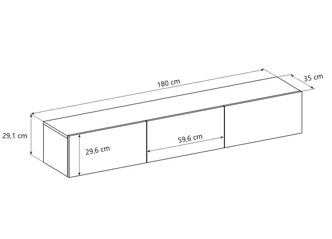 Sch&eacute;ma technique d'un meuble TV : 180 cm de long, 29,1 cm de haut, 35 cm de profondeur.