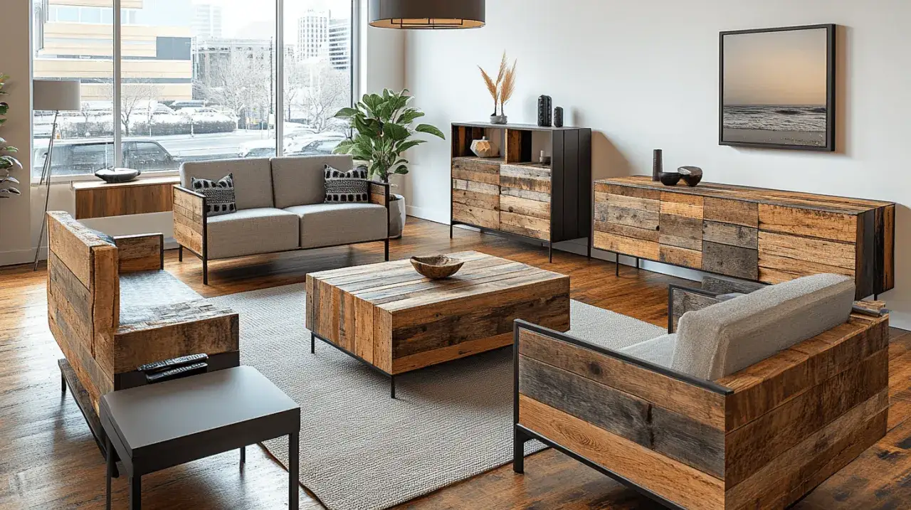 Salon moderne avec un meuble DIY en bois recyclé, canapé gris, table basse et buffet assortis.