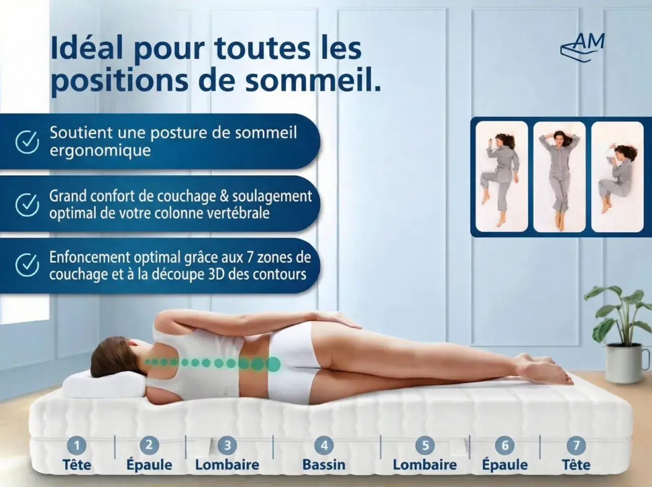 Un matelas mousse idéal pour toutes les positions de sommeil, offrant soutien ergonomique et confort optimal pour votre colonne vertébrale.