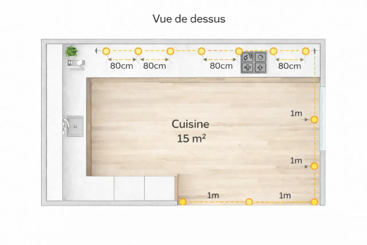 Plan de cuisine montrant la distance entre spot plafond : 80 cm le long des meubles, 1m sur les murs adjacents.